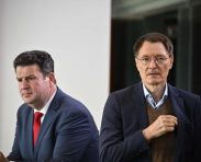 German Health Minister Karl Lauterbach (R) and German Minister of Labour and Social Affairs Hubertus Heil are pictured prior to the weekly cabinet meeting in Berlin on October 11, 2023. (Photo by Tobias SCHWARZ / AFP) (Photo by TOBIAS SCHWARZ/AFP via Getty Images)
